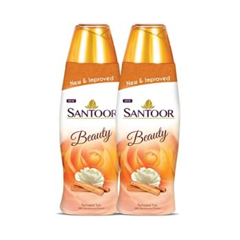 Santoor Beauty Perfumed Talc with Sandalwood Extracts| Sandal, Rose, Musk & Geranium Mint Fragrance| Absorbs Excess Moisture| Dermatologically Tested| For All Skin Types (150g, Pack of 2)